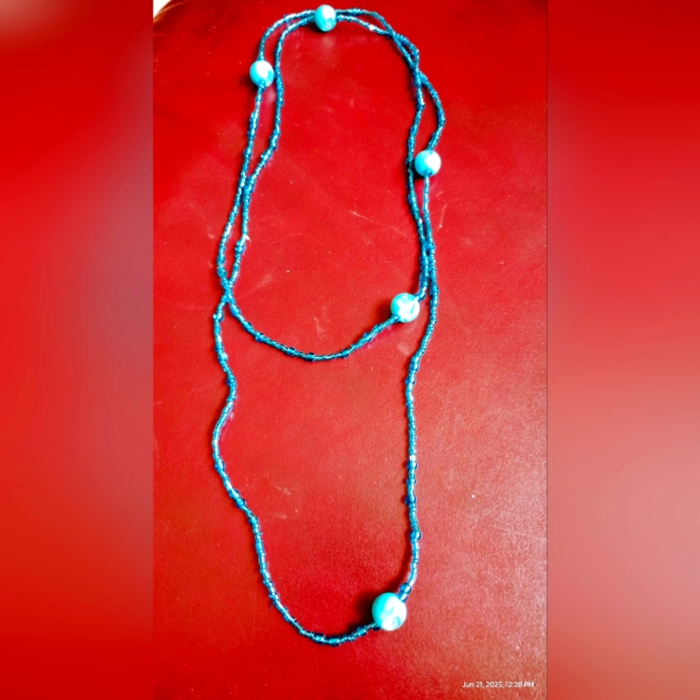 Blue Beaded Necklace,46", Worn Single Or Double Strand Beads 2-10 mm